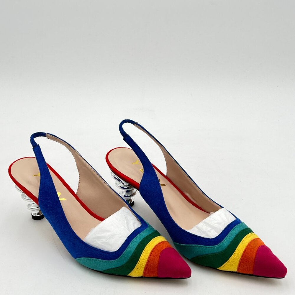 FOWT Rainbow Color Stripes Strange Spiral High Heel Pumps Pointed Toe Shoes - Picture 4 of 8